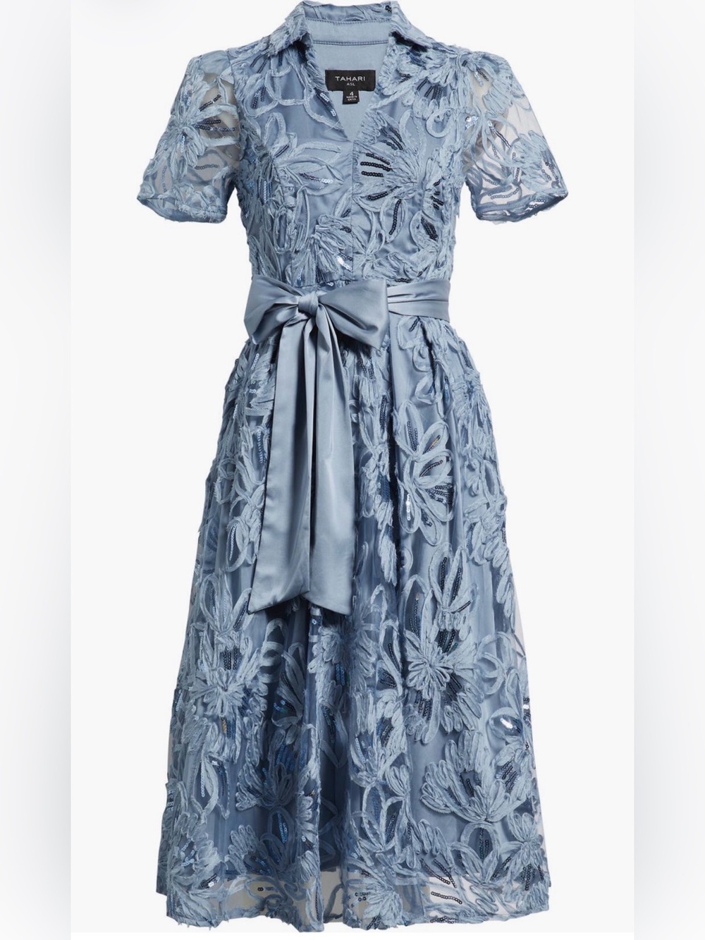Tahari ASL Sequin Soutache Lace Cocktail Midi Dress